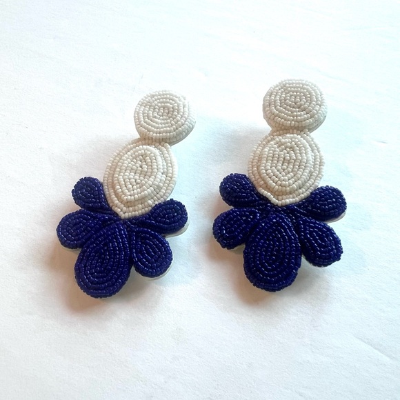 J. Crew Blue and Cream Beaded statement Earrings floral design handmade nwt - Picture 2 of 6